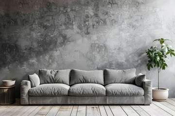 Contemporary modern home interior design, living room, empty blank mock-up frame on a solid gray wall.. Beautiful simple AI generated image in 4K, unique.