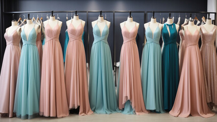 evening gowns of various colorshanging on a rack - Powered by Adobe