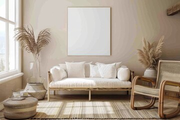 A blank picture frame mock-up in a modern furnished room. Beautiful simple AI generated image in 4K, unique.