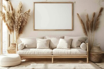 Scandi-Boho bedroom interior with white walls and natural wood furniture, mock-up frame background. Generative AI. Beautiful simple AI generated image in 4K, unique.