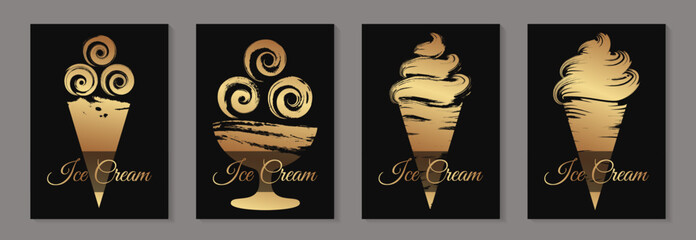 Modern abstract luxury ice cream icons for cafe or restaurant menu or banner or logo with golden cones and bowl in a grunge style on a black background.