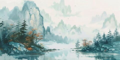 Meticulous landscape painting, low saturation, white background