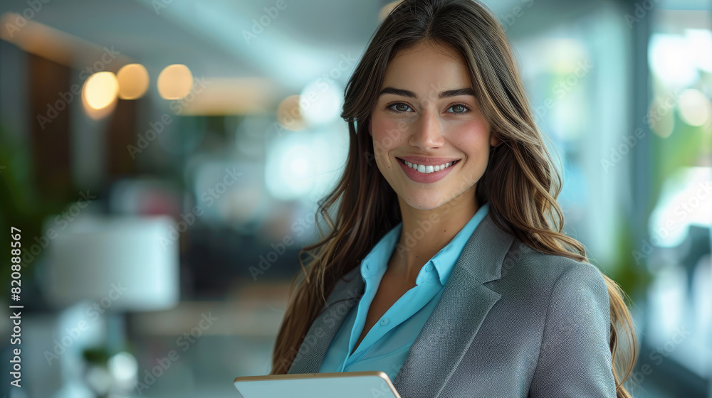 Wall mural Smiling young caucasian business woman with long hair holding tablet wearing suit with turquoise blouse on modern business office background