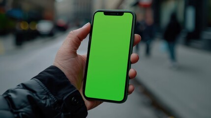 Hand hold cell phone with green screen mock up. Mobile smartphone chroma key template. Cellphone display close up. Business mockup empty blank space. Modern gadget vertical position.