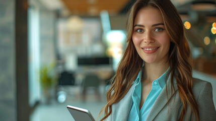 Smiling young caucasian business woman with long hair holding tablet wearing suit with turquoise blouse on modern business office background - Powered by Adobe