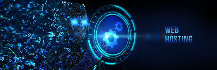 Web Hosting. The activity of providing storage space and access for websites. Business, modern technology, internet and networking concept. 3d illustration