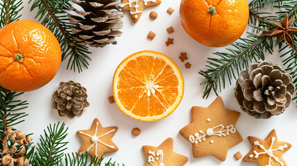 Tasty oranges with pine cones and sweet Christmas cook