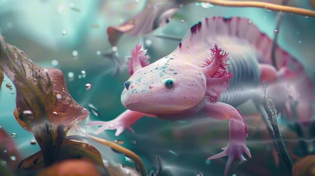 wildlife of amphibians. pink axolotl underwater