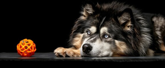 In A Captivating Studio Shot Against A Sleek Black Background, An Adult Alaskan Malamute Reclines With Regal Poise, Its Gaze Fixated Upon A Cherished Toy Ball, Standard Picture Mode