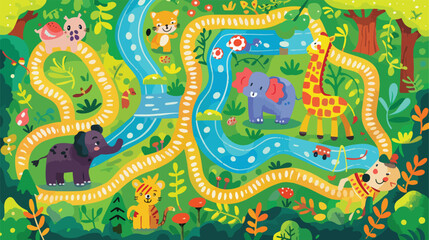 Kids maze game with cute animals in nature. Childish