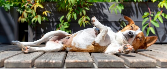 In The Tranquil Serenity Of The Backyard, A Small Jack Russell Terrier Reclines Lazily, Basking In The Warm Embrace Of The Sun, Standard Picture Mode