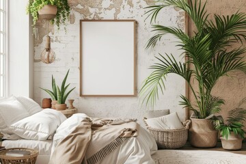 Mockup poster blank frame, hanging on marble wall, above glass-top coffee table, Contemporary penthouse. Beautiful simple AI generated image in 4K, unique.
