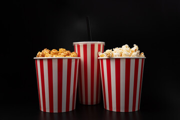 Popcorn bucket salty and caramel with soda cup, entertainment film snack, tasty caramel corn