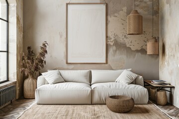 Poster Frame Mock-Up in a Luxury Modern Dark Living Room Interior. Presented in 3D Render. Made with Generative AI Technology. Beautiful simple AI generated image in 4K, unique.