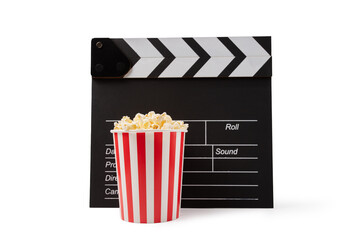 popcorn with clapper board isolated,salty classic pop corn, cinema snack, film production,...