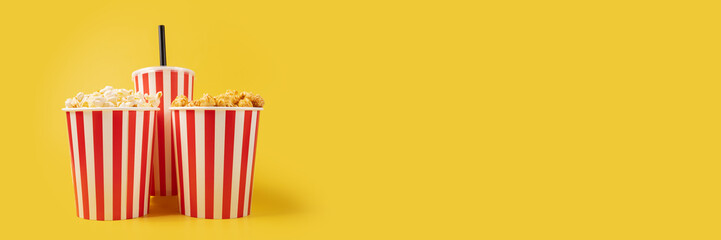 Cinema Popcorn bucket salty and caramel sweet with soda cup ,salted yellow grain, crunchy theater...