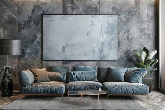 large blank picture frame in a modern appartement - poster / art mockup template for product placement. Beautiful simple AI generated image in 4K, unique.