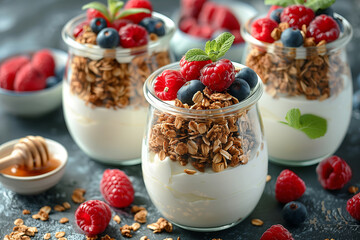Yogurt Parfait: Dessert made of Greek yogurt layered with  granola, fresh berries, and honey.