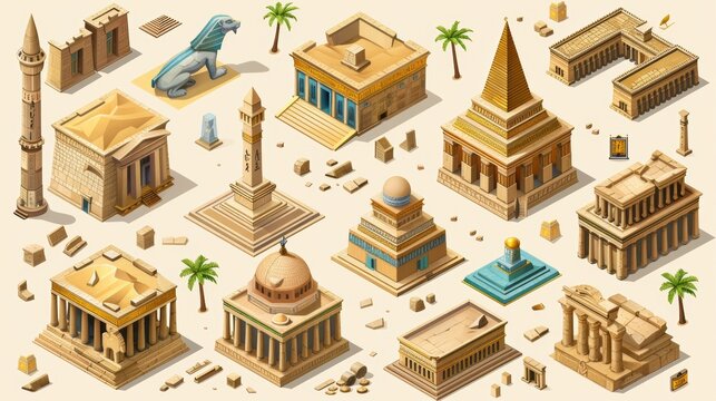 Ancient Egyptian buildings, monuments, Mosques, stone temples isolated on a background with pillars and statues. Modern set of old architecture in Egypt.