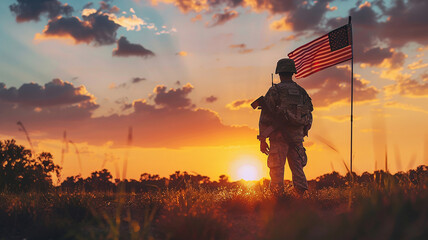 Soldier and USA flag on sunrise background. Concept National holidays, Flag Day, Veterans Day, Memorial Day, Independence Day, Patriot Day