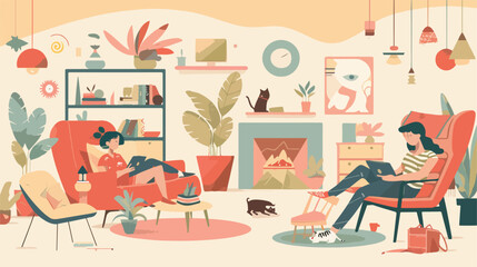 Lazy people relaxing in living room full of exquisite