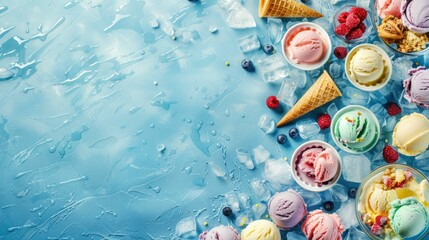 Various types of ice cream and berries displayed on an electric blue background, creating an artistic and refreshing scene reminiscent of summer fun AIG50