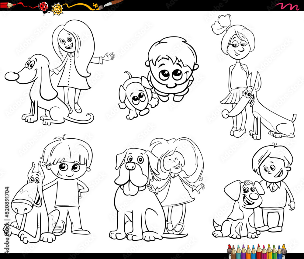 Wall mural cartoon children and dogs pet characters set coloring page - Wall murals
