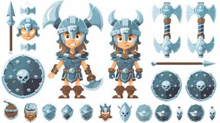 Character walk cycle for Vikings, set of modern cartoons with swords, shields, helmets with horns, and skull necklace. 2D animation sprite sheet of a warrior with an axe.