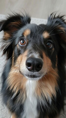 Fototapeta premium Close-up Shetland Sheltie Sheepdog looking front with head tilted and want to play expression with a light gray background
