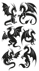 black silhouette of multiple dragons illustration icon vector for logo, isolated on white background