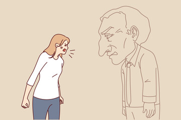 Angry woman screams at imaginary interlocutor, experiencing psychologically distress due to mental trauma from childhood. Conflict aggressive, psychologically unbalanced girl in need of sedatives