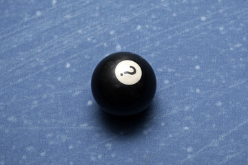 Question mark concept idea. Black billiard ball with a question mark. Unique real photo for...