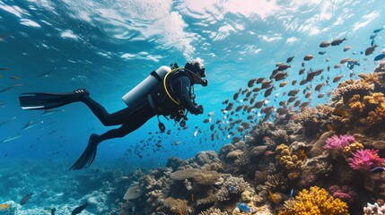 Scuba diver diving on tropical reef with blue background and reef fish