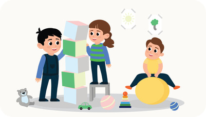 Kids playing and having fun in kinder garden or class room