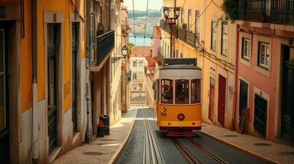 Romantic Lisbon street with the typical yellow tram and Lisbon Cathedral on the background