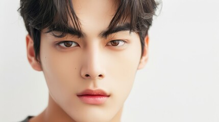 Fototapeta premium Close-up portrait of a young asian man with a calm expression and soft features.