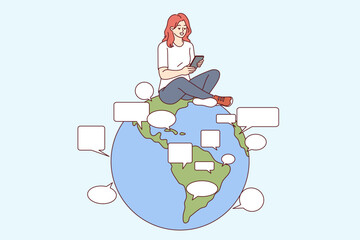 Woman uses online translator in mobile phone to communicate in different languages, sitting on globe. Translator function built into smartphone allows you to chat with people from all over planet