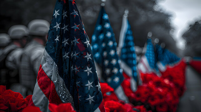 A black and white image of a Memorial Day parade with selective coloring on the American flags, emphasizing the themes of patriotism and honor