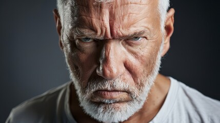 Close-up portrait of an elderly man with a serious expression and detailed wrinkles.