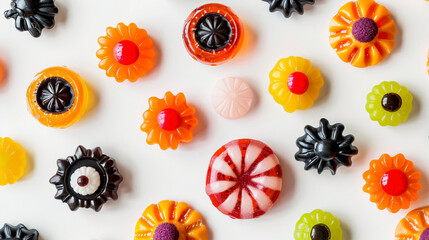 Tasty scary candies for Halloween on white background