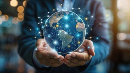 Fototapeta premium Businessman hold global business globe with network connected to digital marketing strategy Business development technology to support creativity idea