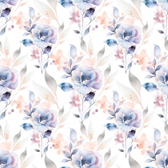Watercolor floral seamless pattern. Delicate airy flowers. Print for fabric. Tablecloth. Provence style. Violet blue shades. Scrubbooking. Blue watercolor flowers on a white background. Floral backgro