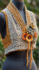 Golden Hour Goddess: Lacy Crochet Vest Dripped in Earthy Elegance 
