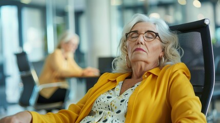 Obraz premium Elderly woman sleeping in an office chair, looking peaceful and relaxed. Ideal for content on senior lifestyle, workplace dynamics, and health in digital marketing and editorial.