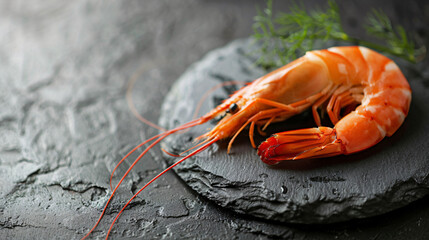 Tasty shrimps with mesh on slate plate closeup