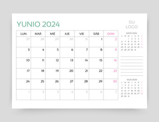 June 2024 year calendar. Spanish planner calender template. Week starts Monday. Desk monthly organizer. Timetable layout. Table schedule grid. Vector simple illustration. Paper size A5