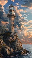Capture a majestic lighthouse overlooking the ocean, set against a dramatic sky Utilize digital techniques for a photorealistic finish
