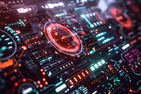 Modern wide Hi-tech digital technology concept neon color. Beautiful simple AI generated image in 4K, unique.