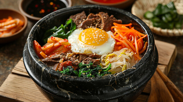 Traditional Korean dish bibimbap with fried agg, beef and vegetables