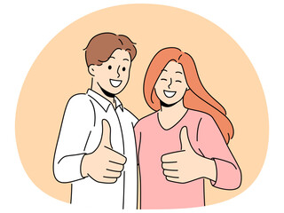 Smiling couple showing thumbs up give recommendation to good quality service. Happy man and woman recommend company to clients. Vector illustration.